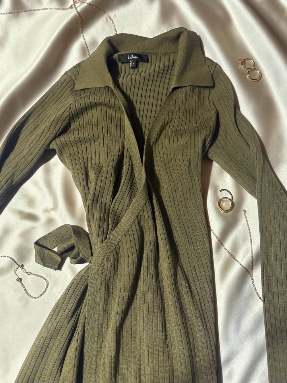 Lulu's Olive Ribbed Collared Wrap Maxi Dress
